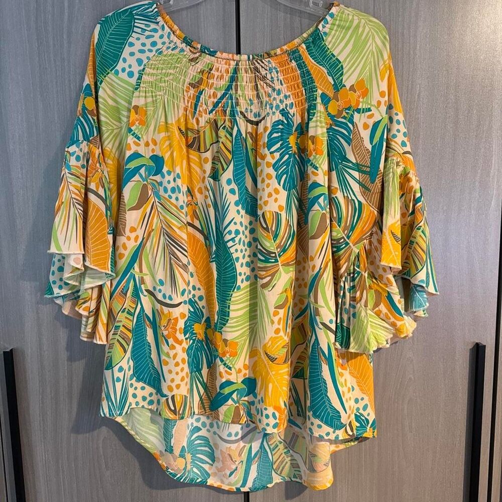 Cato Tropical Smocked Peasant Blouse